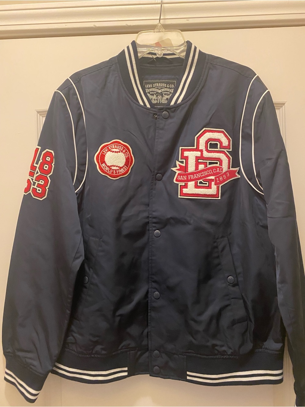Levi's Navy Bomber Varsity Jacket with Red Patches